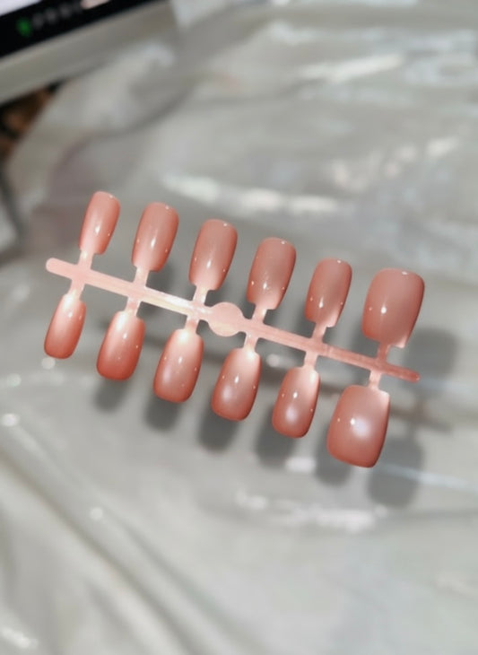 N09 🧴 Nude Cat Eye Press-On Nails + 24pcs Glue Stickers & Tool Kit