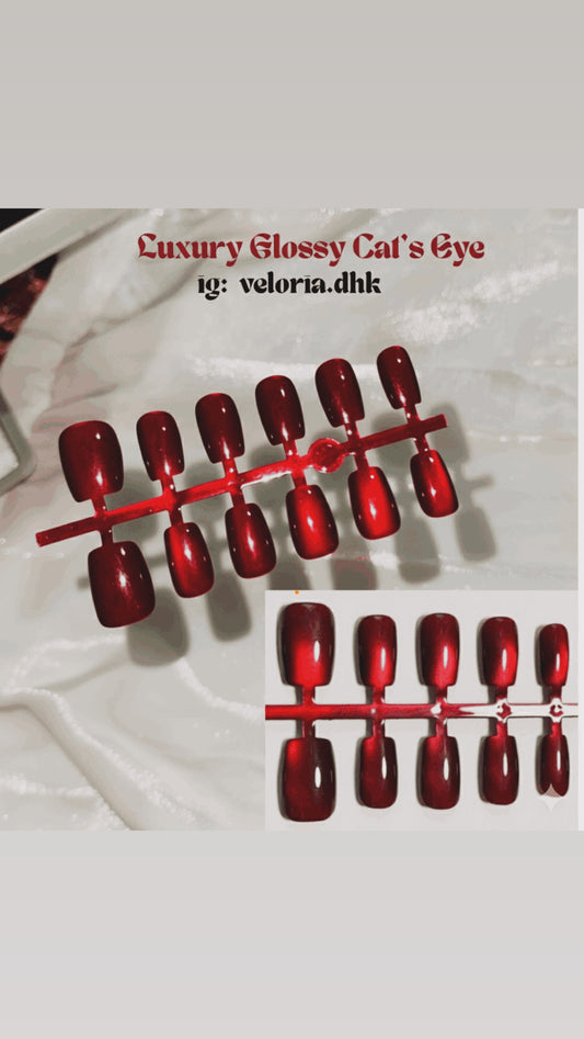 N01 🍷 Wine Red Cat's Eye Press-On Nails + 24pcs Glue Stickers & Tool Kit