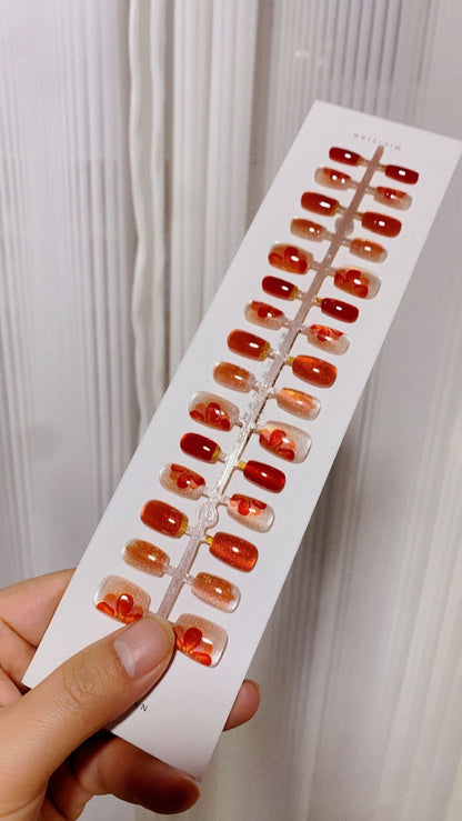 N04 🌺 Ink Red Camellia Cat's Eye Press-On Nails + 24pcs Glue Stickers & Tool Kit