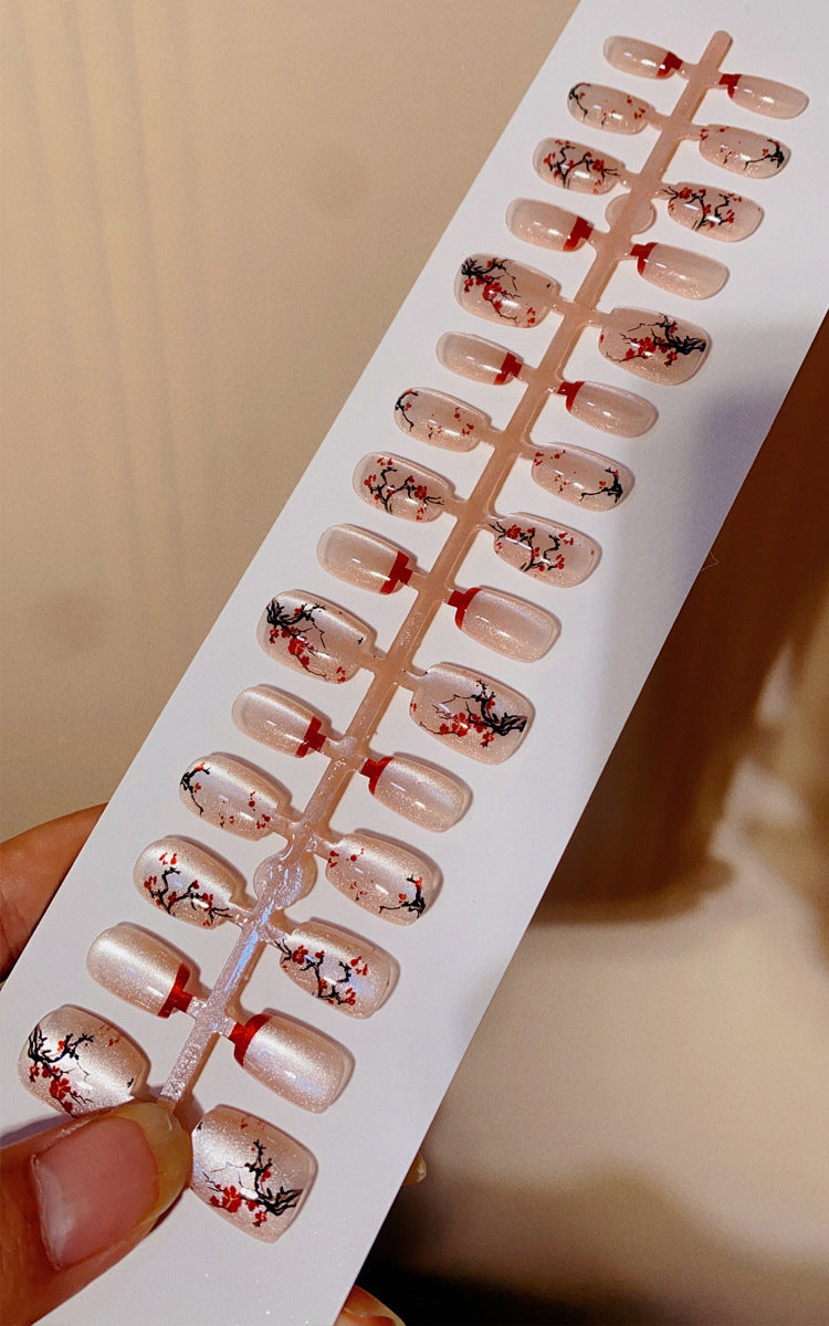 N07 🌸 Plum Blossom Cat's Eye Press-On Nails + 24pcs Glue Stickers & Tool Kit