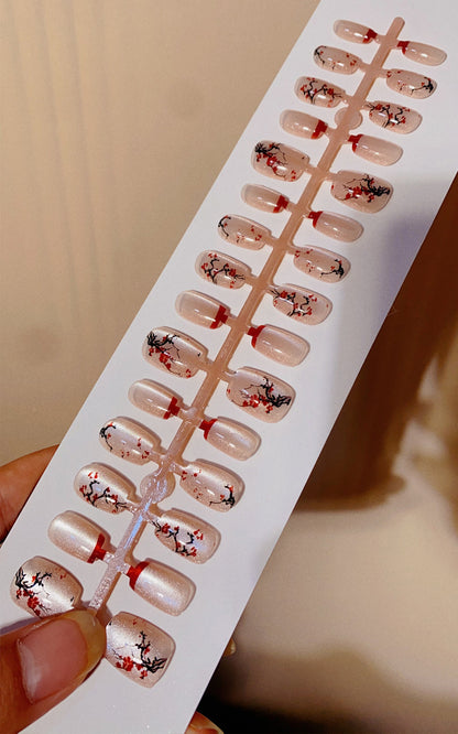 N07 🌸 Plum Blossom Cat's Eye Press-On Nails + 24pcs Glue Stickers & Tool Kit