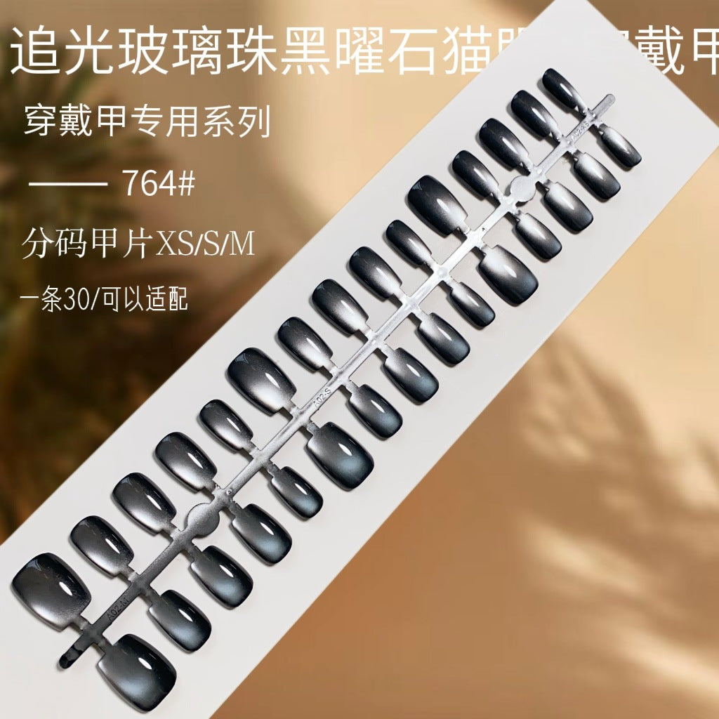 N16 ⚫ Obsidian Glass Beads Aurora Press-On Nails + 24pcs Glue Stickers & Tool Kit